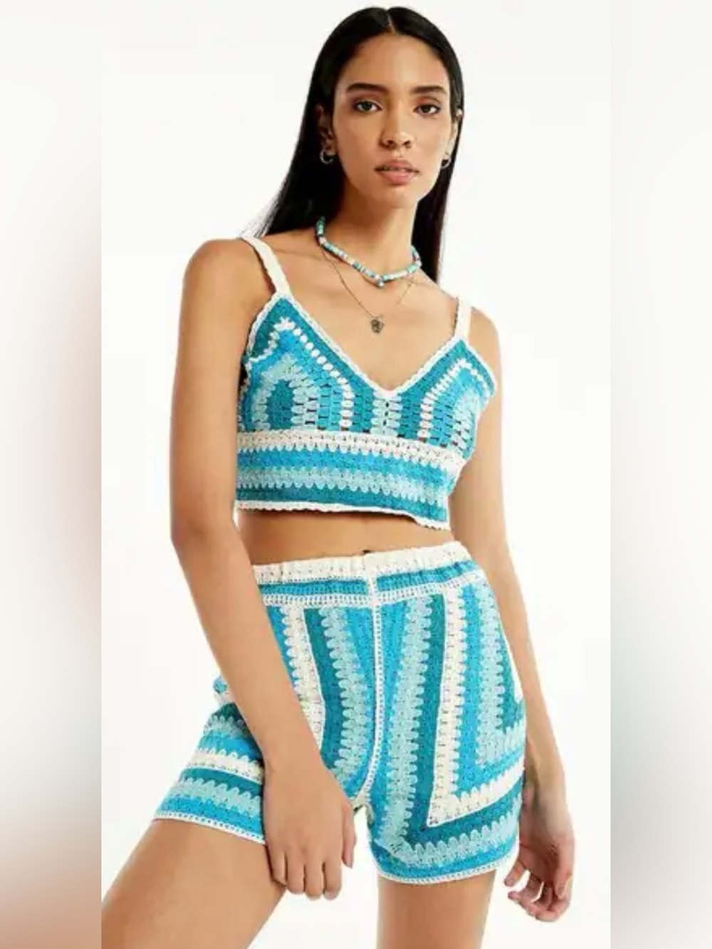 Rebellion Teal & White Crochet Bralette and shorts set NWT